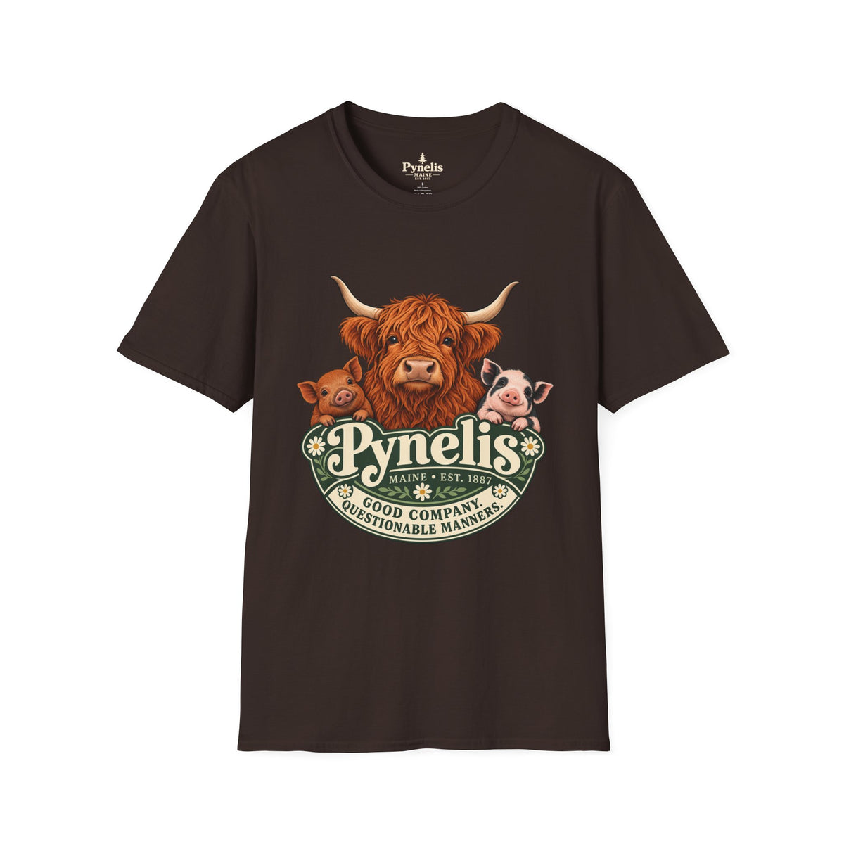 Farm Animal Graphic T-Shirt — "Pynelis" Highland Cow, Pig & Piglet Retro Design