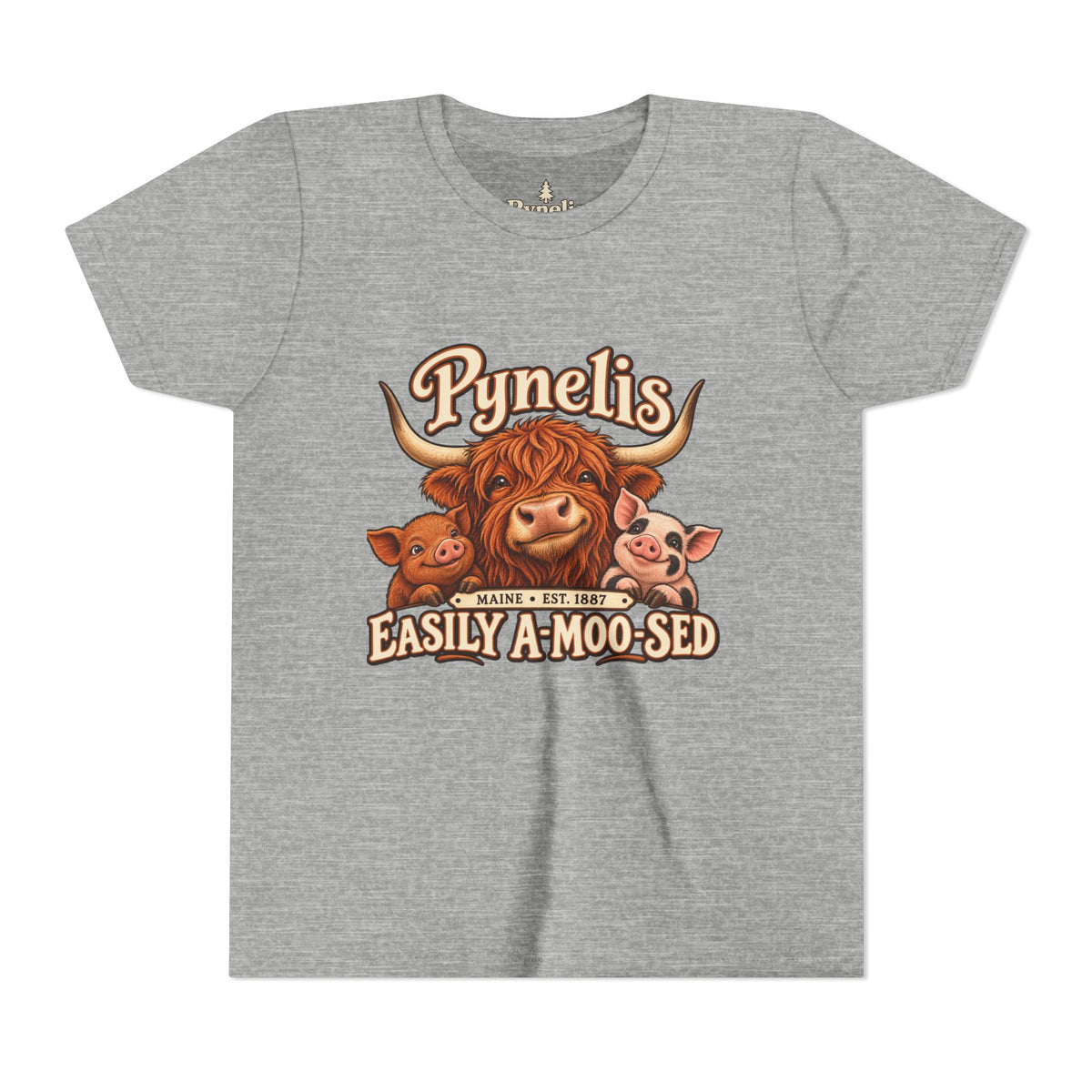 Youth Tee - "Pynelis Easily A-Moo-Sed" Funny Cow & Pig Farm Animal Shirt