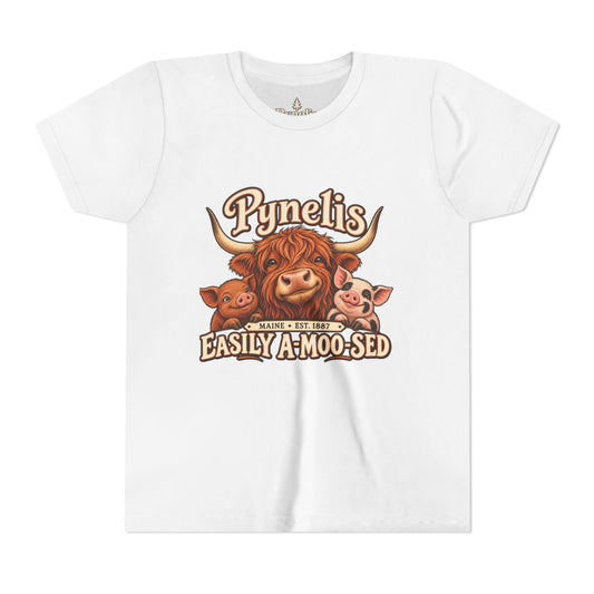 Youth Tee - "Pynelis Easily A-Moo-Sed" Funny Cow & Pig Farm Animal Shirt