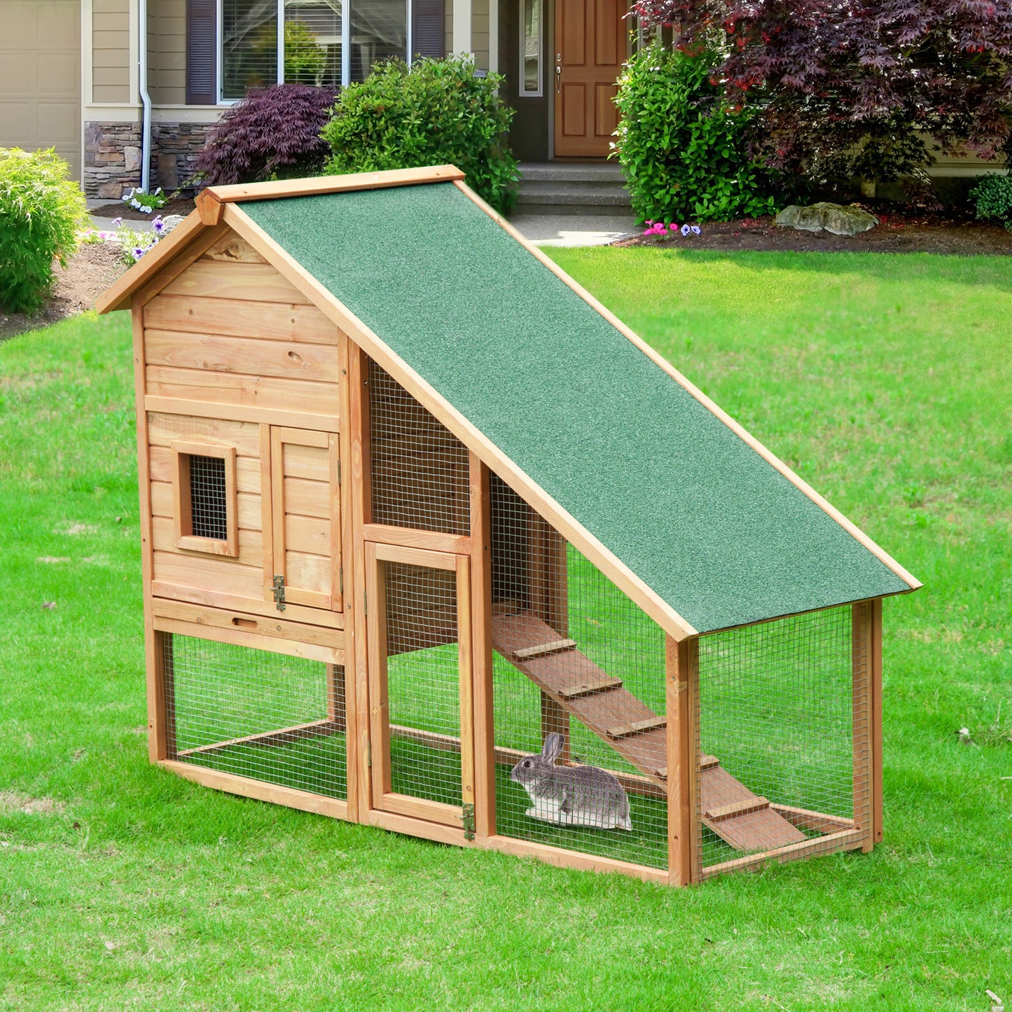 PawHut 58x25x47 Inches Rabbit Hutch Chicken Coop Wooden Poultry Hen