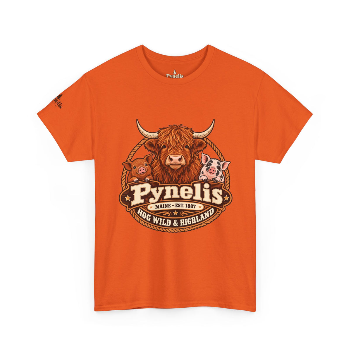 Highland Cow & Pig Farm Tee — Pynelis "Moo & Oink" Vintage Farm Logo T-Shirt