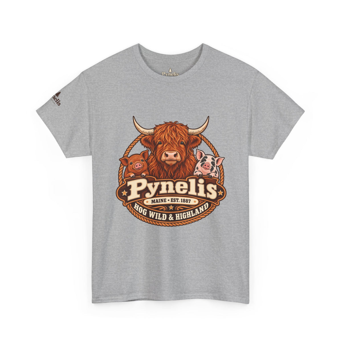 Highland Cow & Pig Farm Tee — Pynelis "Moo & Oink" Vintage Farm Logo T-Shirt