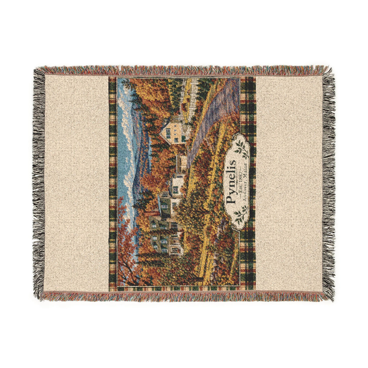 Plaid Woven Blanket — Autumn Village Tapestry Throw (Cozy Pynelis Landscape)