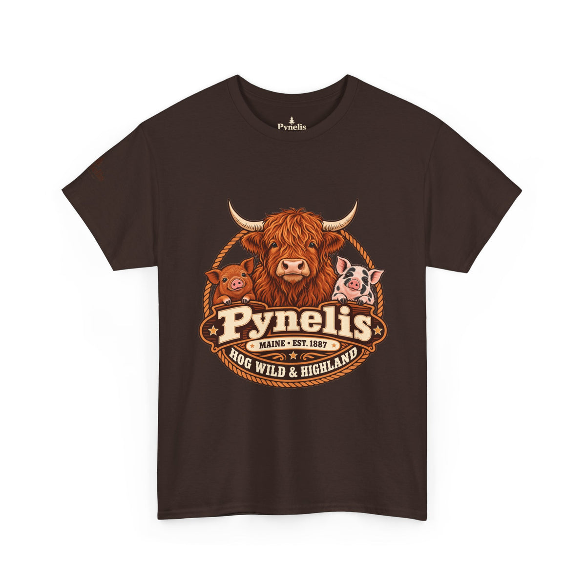 Highland Cow & Pig Farm Tee — Pynelis "Moo & Oink" Vintage Farm Logo T-Shirt