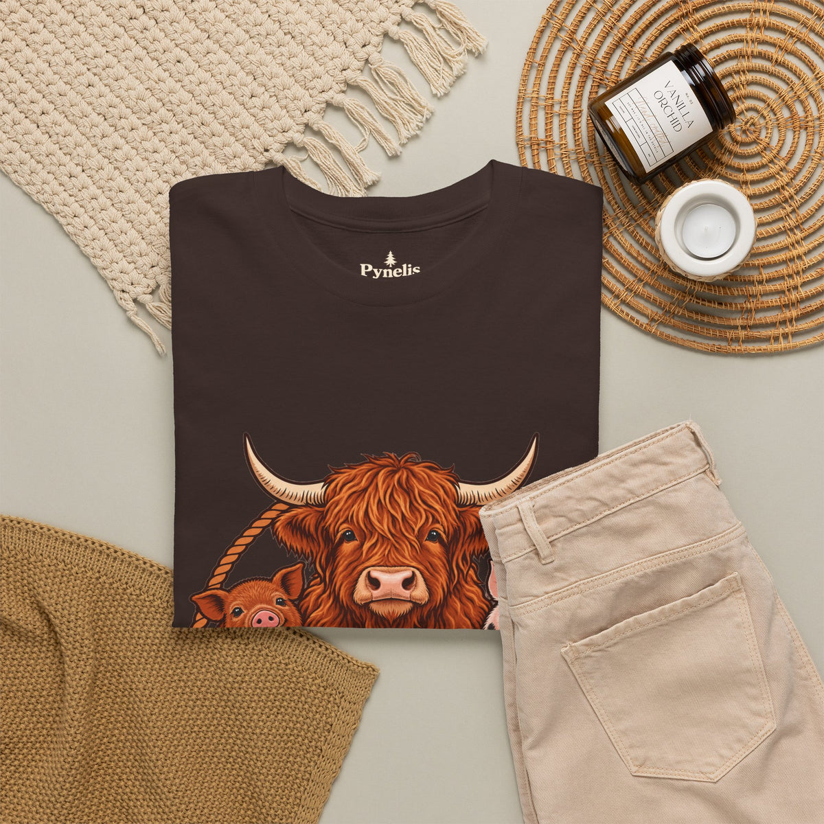 Highland Cow & Pig Farm Tee — Pynelis "Moo & Oink" Vintage Farm Logo T-Shirt