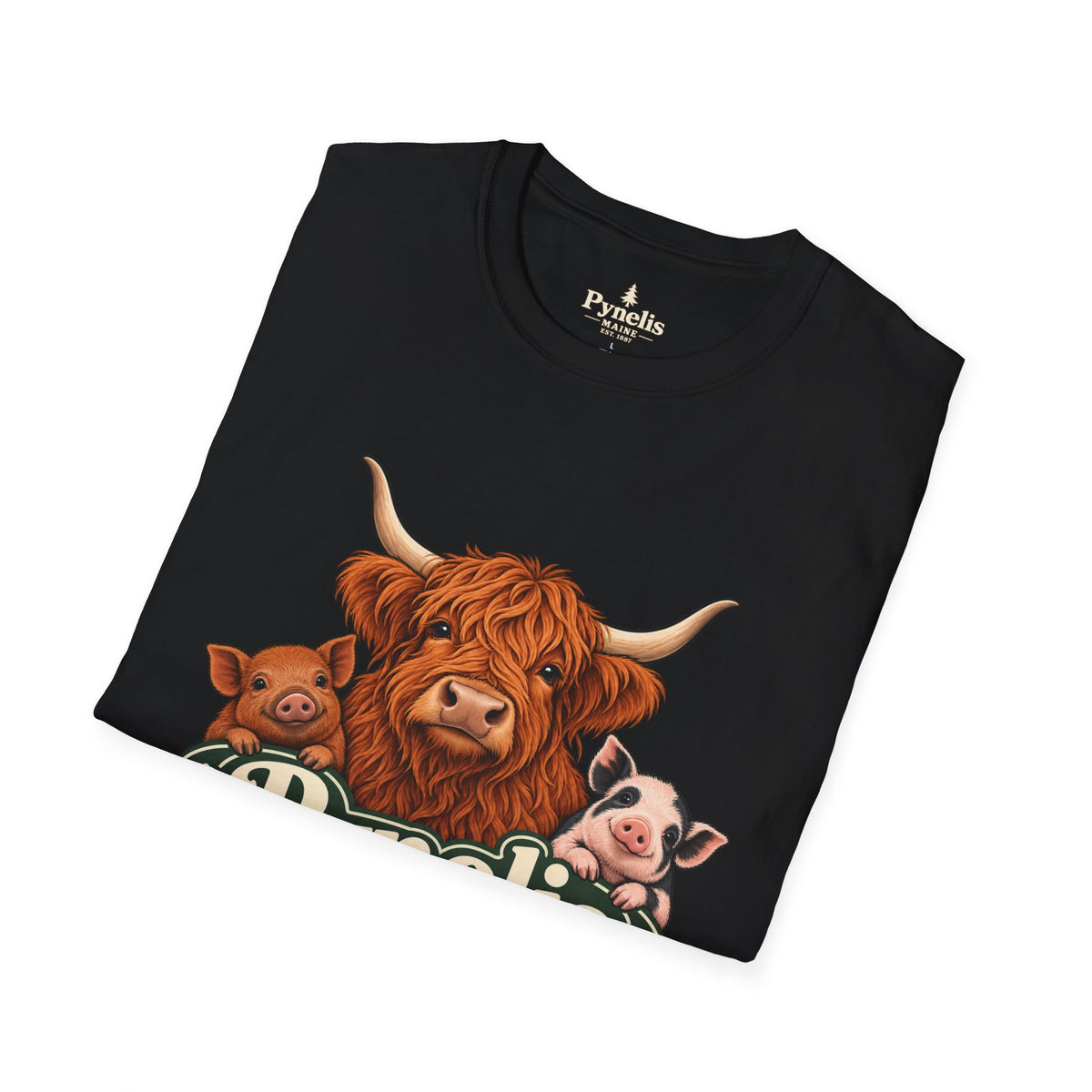 Farm Animal Graphic T-Shirt — "Pynelis" Highland Cow, Pig & Piglet Retro Design