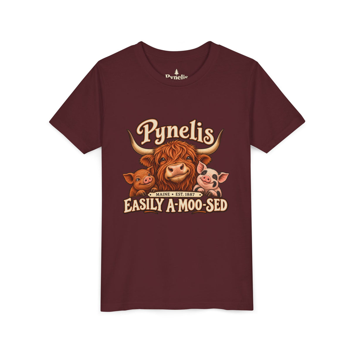 Youth Tee - "Pynelis Easily A-Moo-Sed" Funny Cow & Pig Farm Animal Shirt