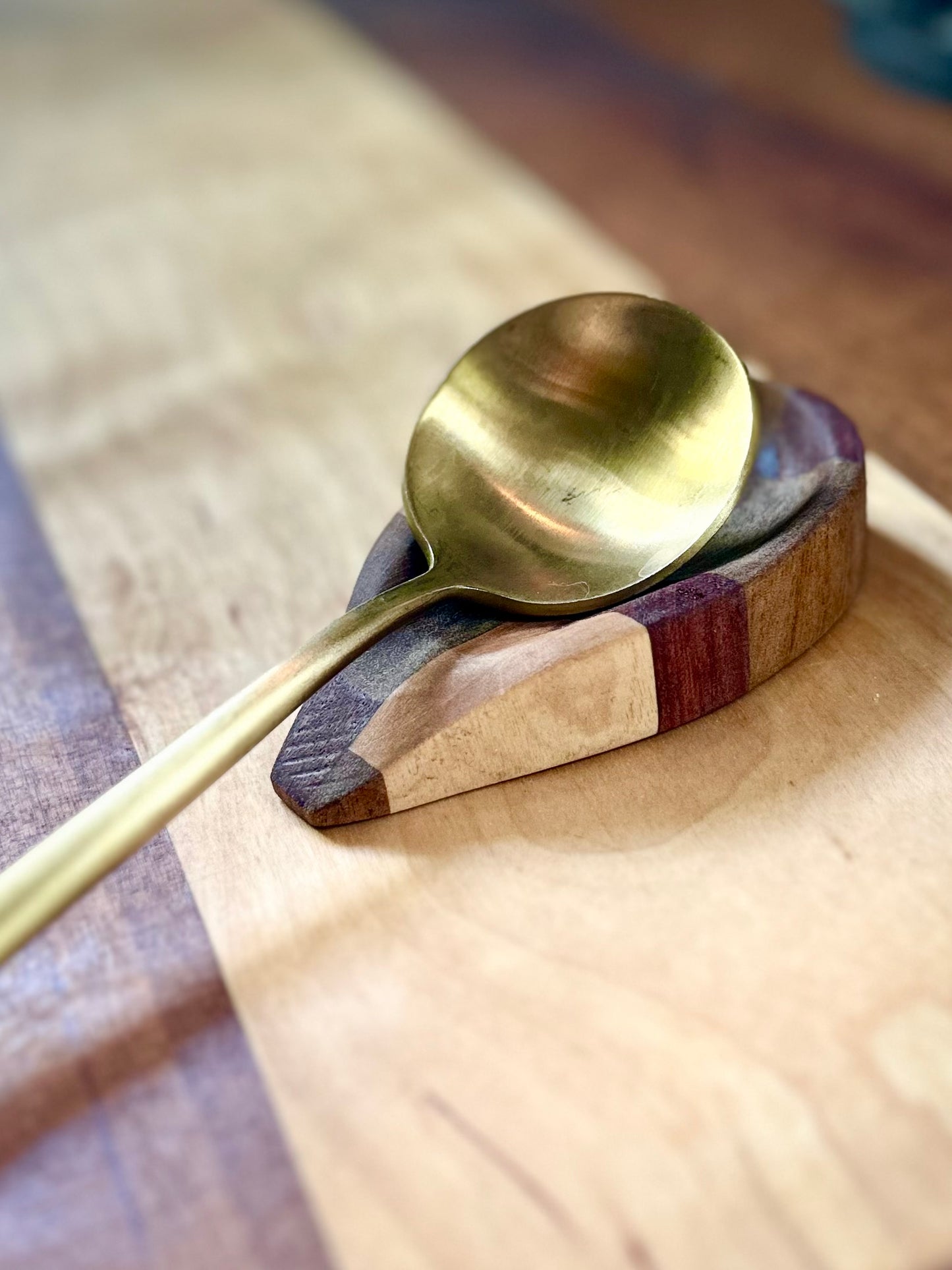 Hand- Carved Coffee Spoon Rest - South African harvested olive wood, African walnut, Maine harvested flame birch, and Brazilian harvested king wood.