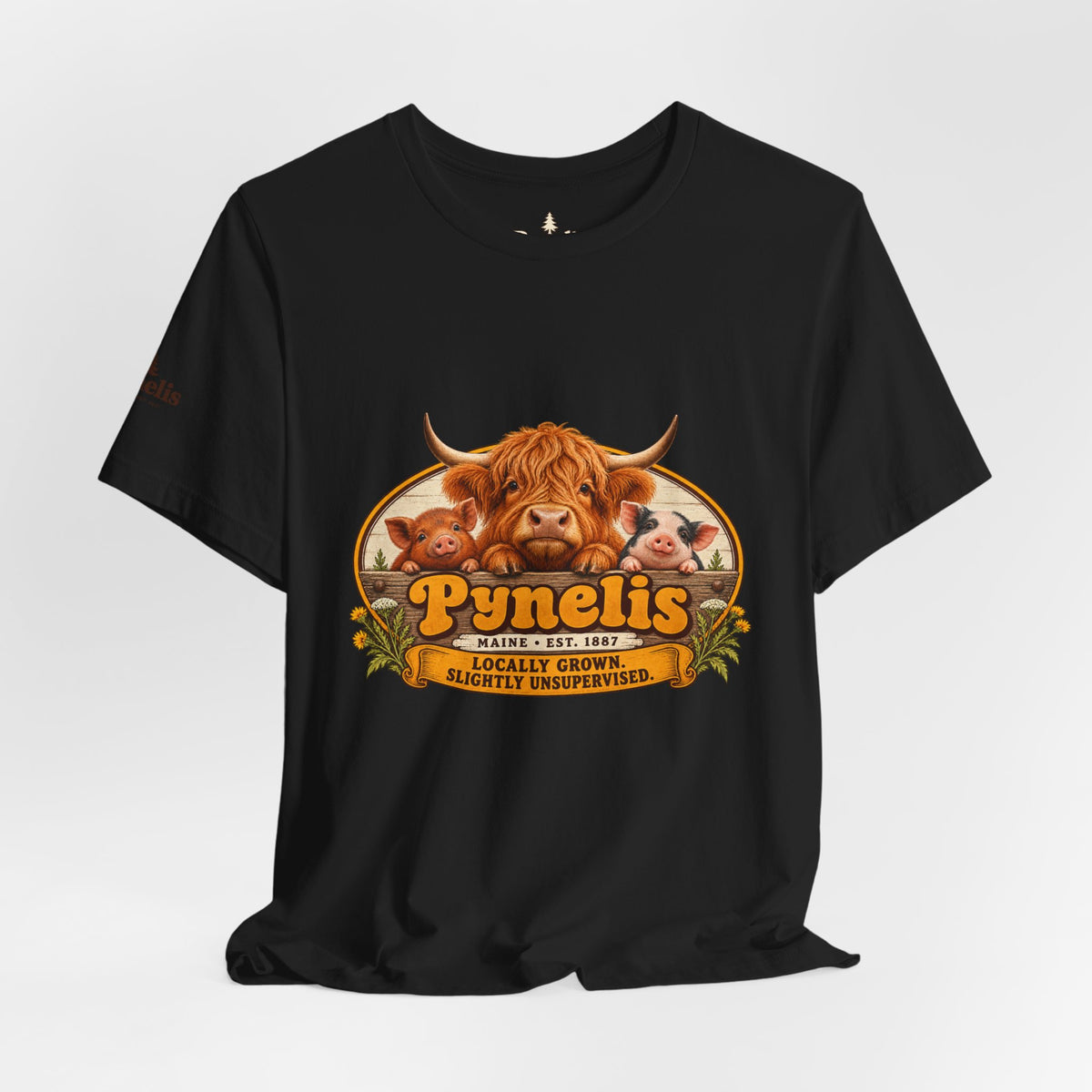 Highland Cow Farm T-Shirt — “Pynelis” Vintage Rustic Livestock Tee