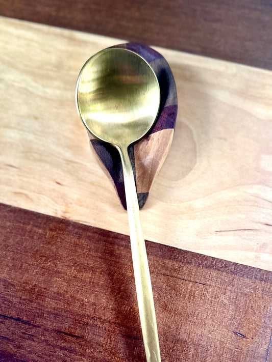 Hand- Carved Coffee Spoon Rest - South African harvested olive wood, African walnut, Maine harvested flame birch, and Brazilian harvested king wood.