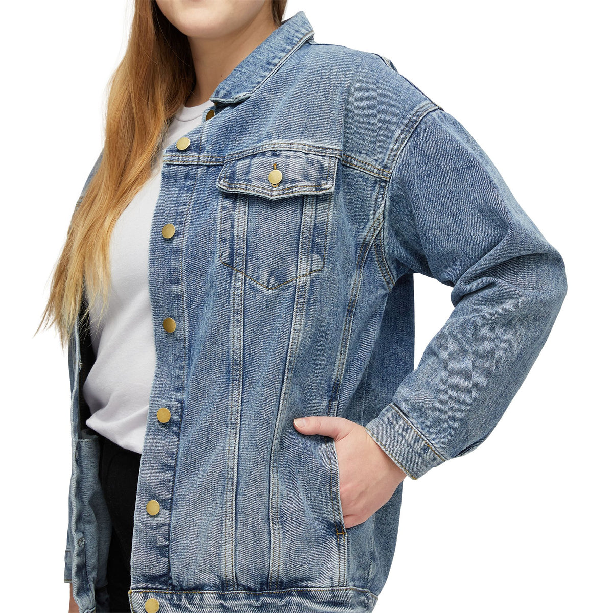 Women’s Denim Jacket — Rustic Buffalo Graphic Back Print, Casual Western Jean Jacket