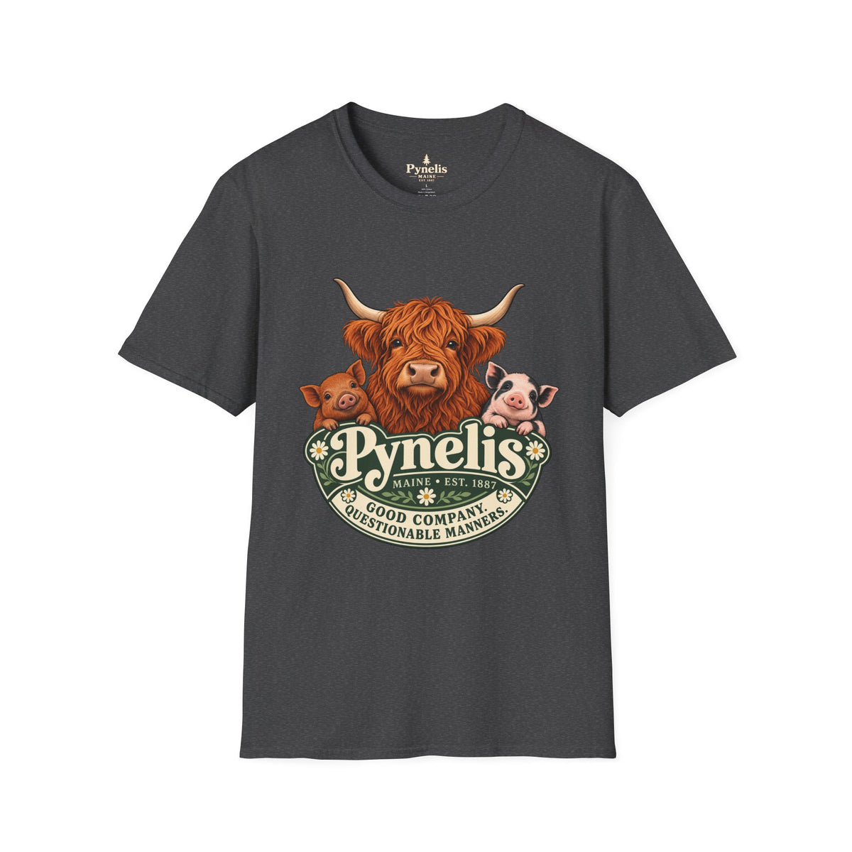 Farm Animal Graphic T-Shirt — "Pynelis" Highland Cow, Pig & Piglet Retro Design