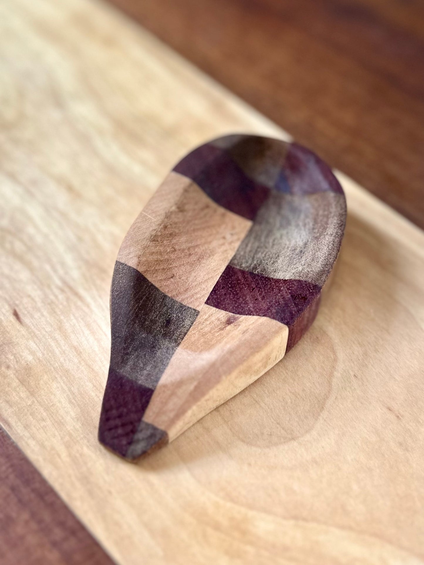 Hand- Carved Coffee Spoon Rest - South African harvested olive wood, African walnut, Maine harvested flame birch, and Brazilian harvested king wood.