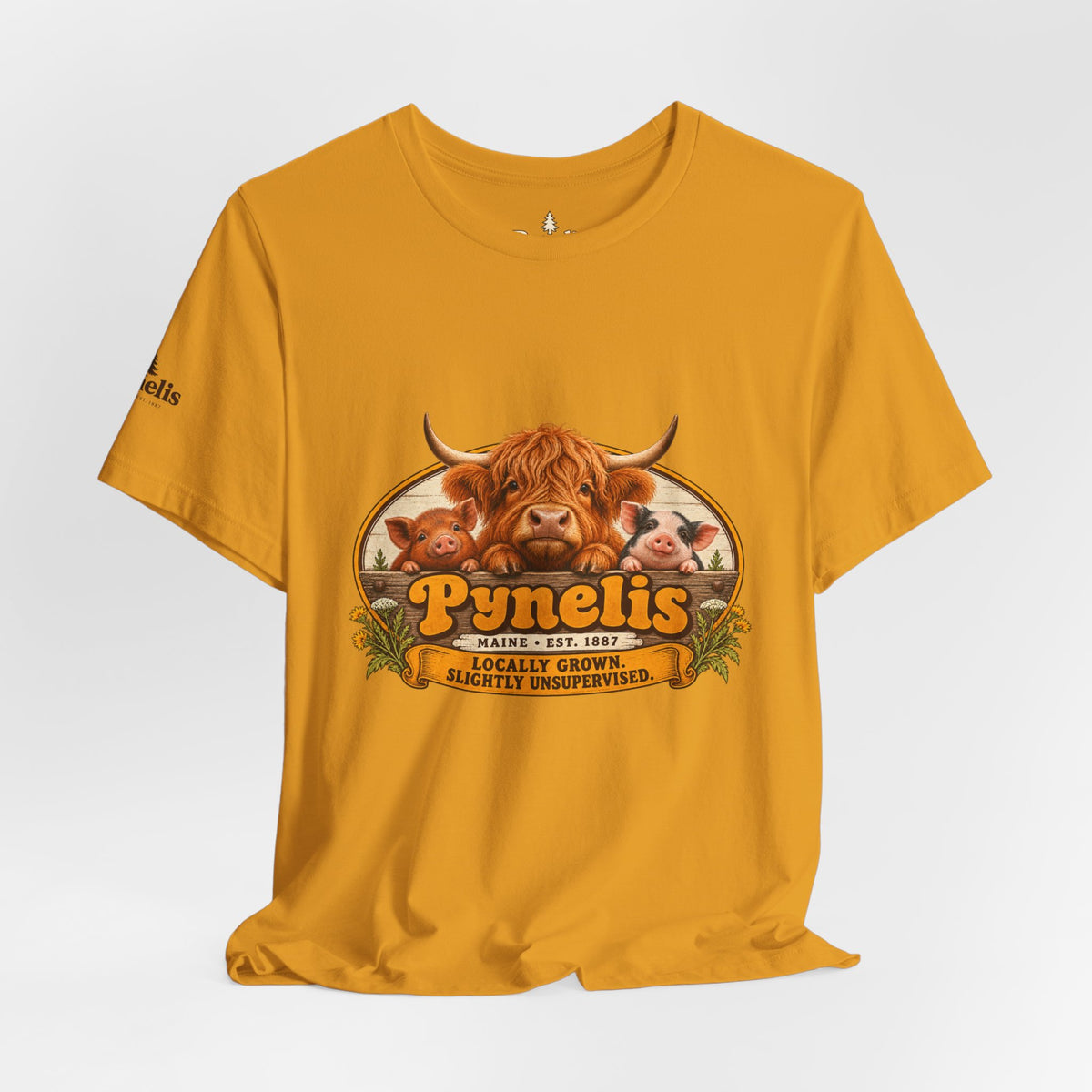 Highland Cow Farm T-Shirt — “Pynelis” Vintage Rustic Livestock Tee