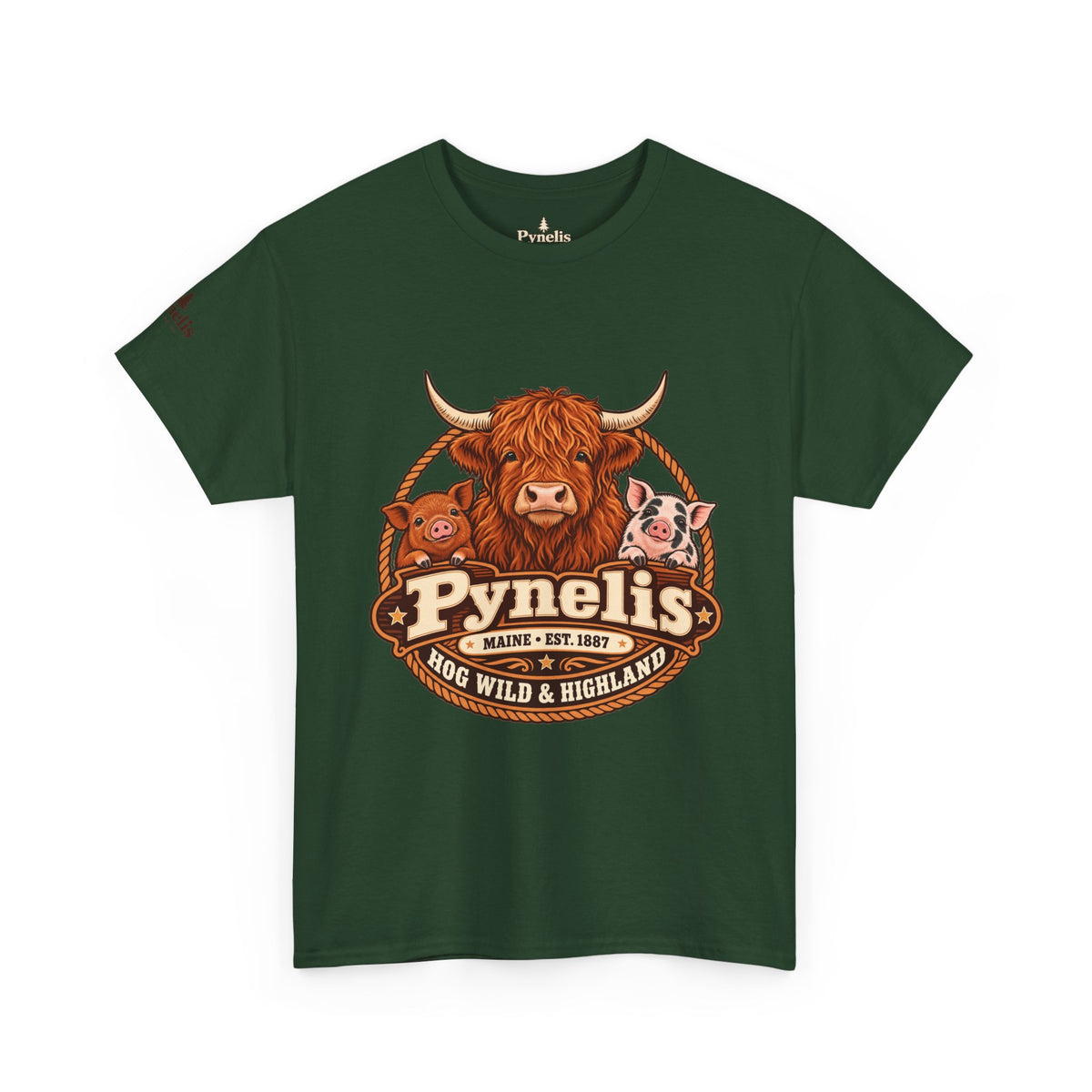 Highland Cow & Pig Farm Tee — Pynelis "Moo & Oink" Vintage Farm Logo T-Shirt