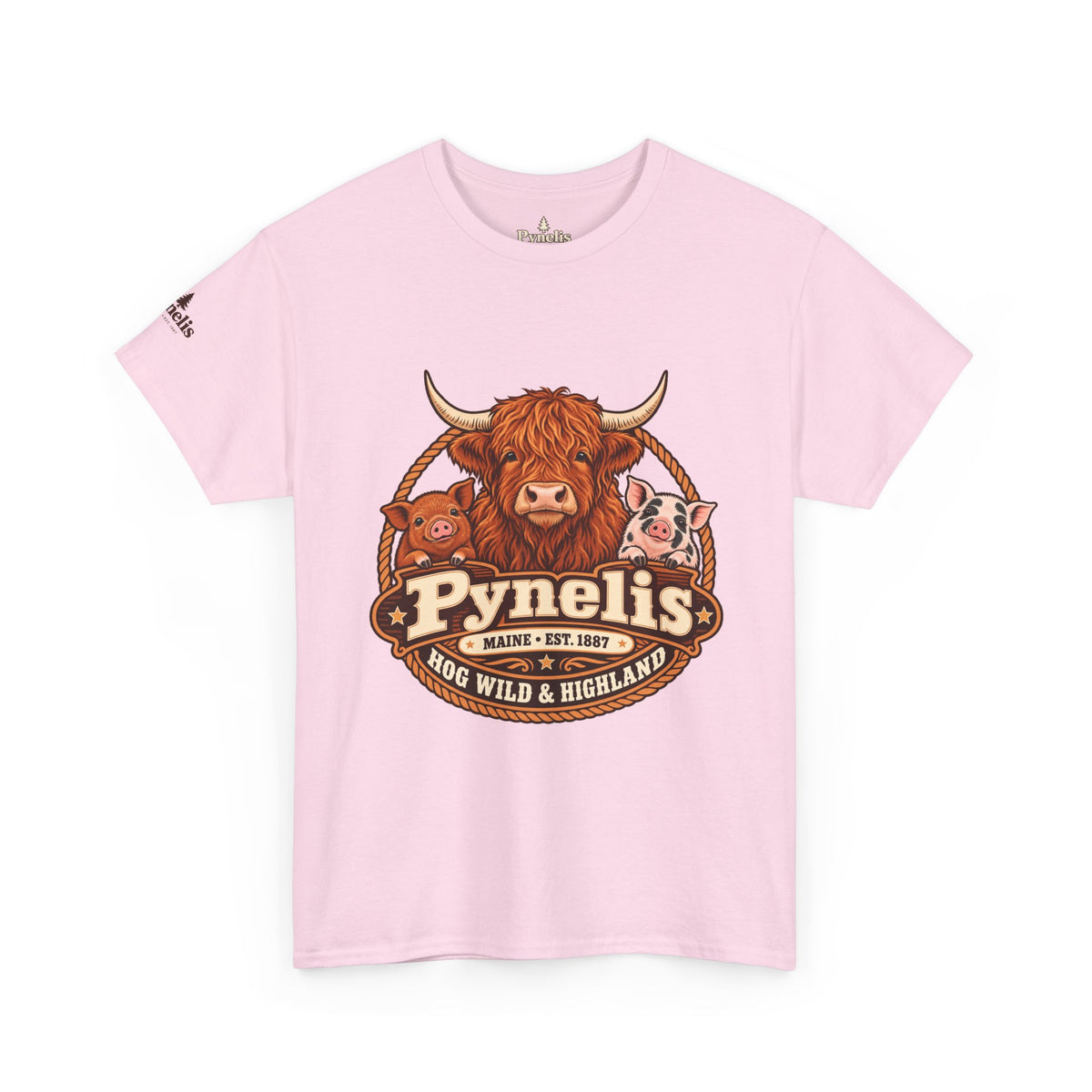 Highland Cow & Pig Farm Tee — Pynelis "Moo & Oink" Vintage Farm Logo T-Shirt