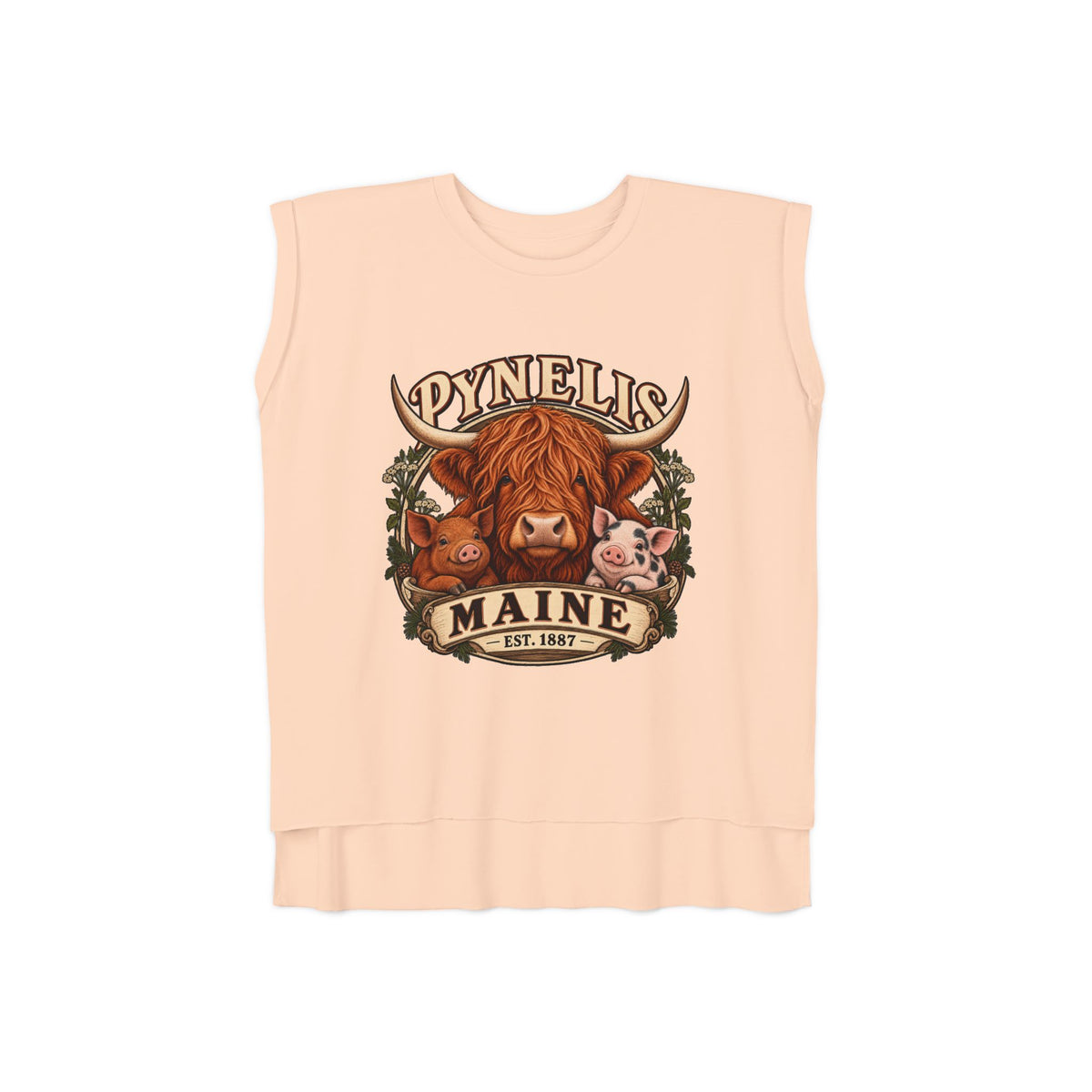 Maine Farm Animal Muscle Tee — "Pynelis" Highland Cow & Pig Graphic
