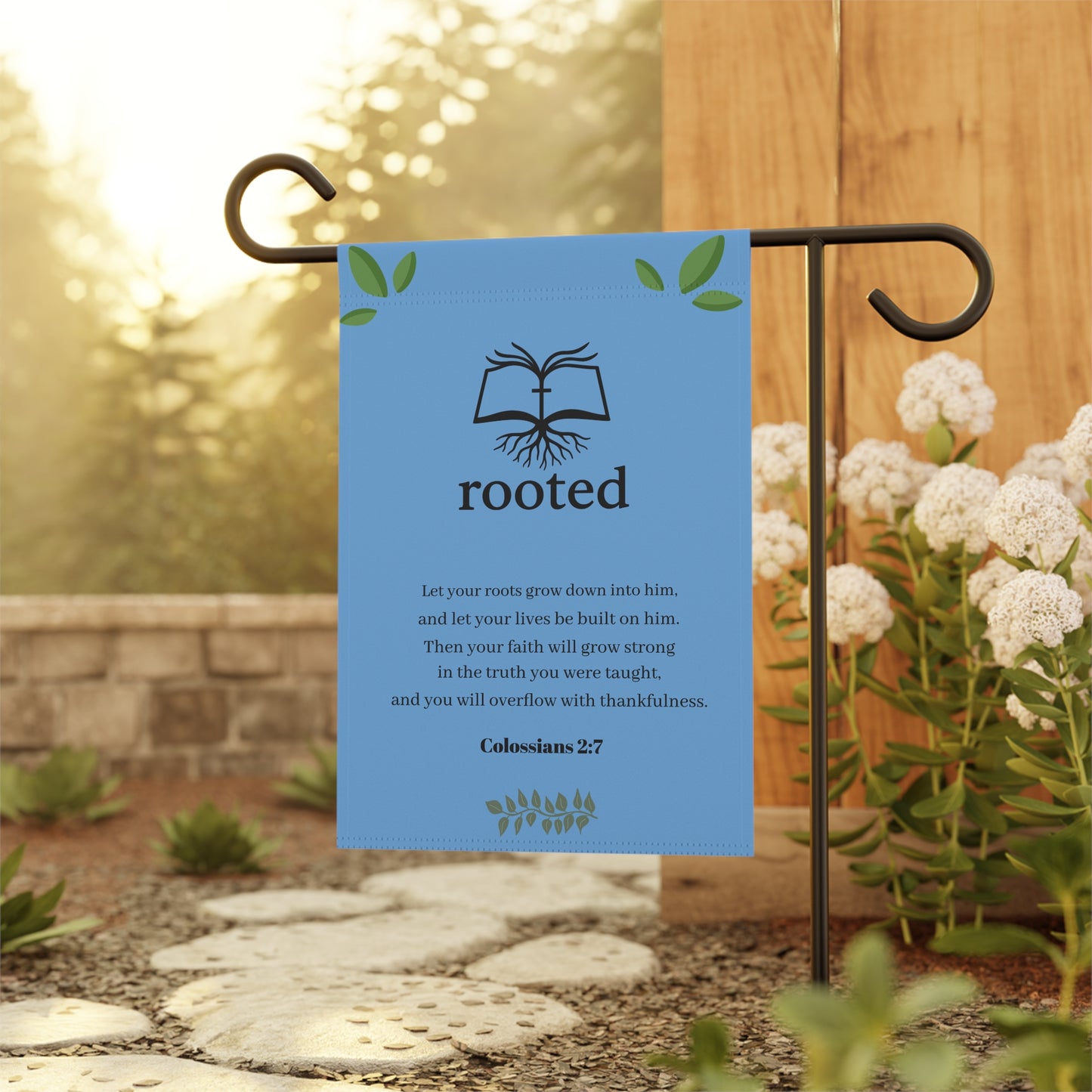 Rooted Garden Flag — Colossians 2:7 Inspirational Outdoor Banner