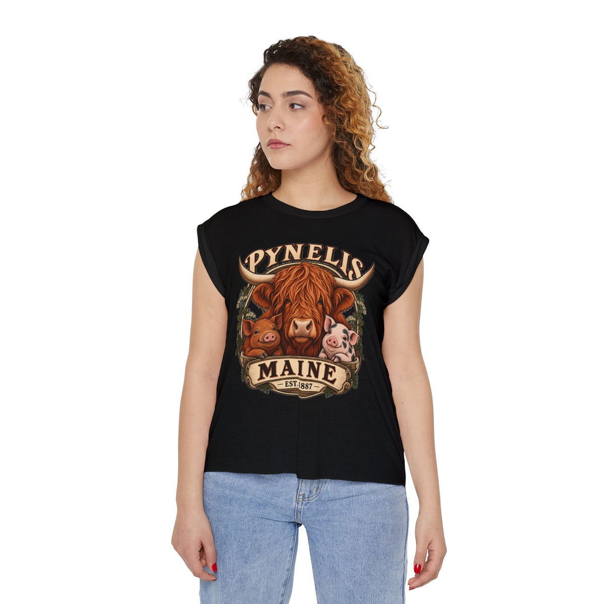 Maine Farm Animal Muscle Tee — "Pynelis" Highland Cow & Pig Graphic