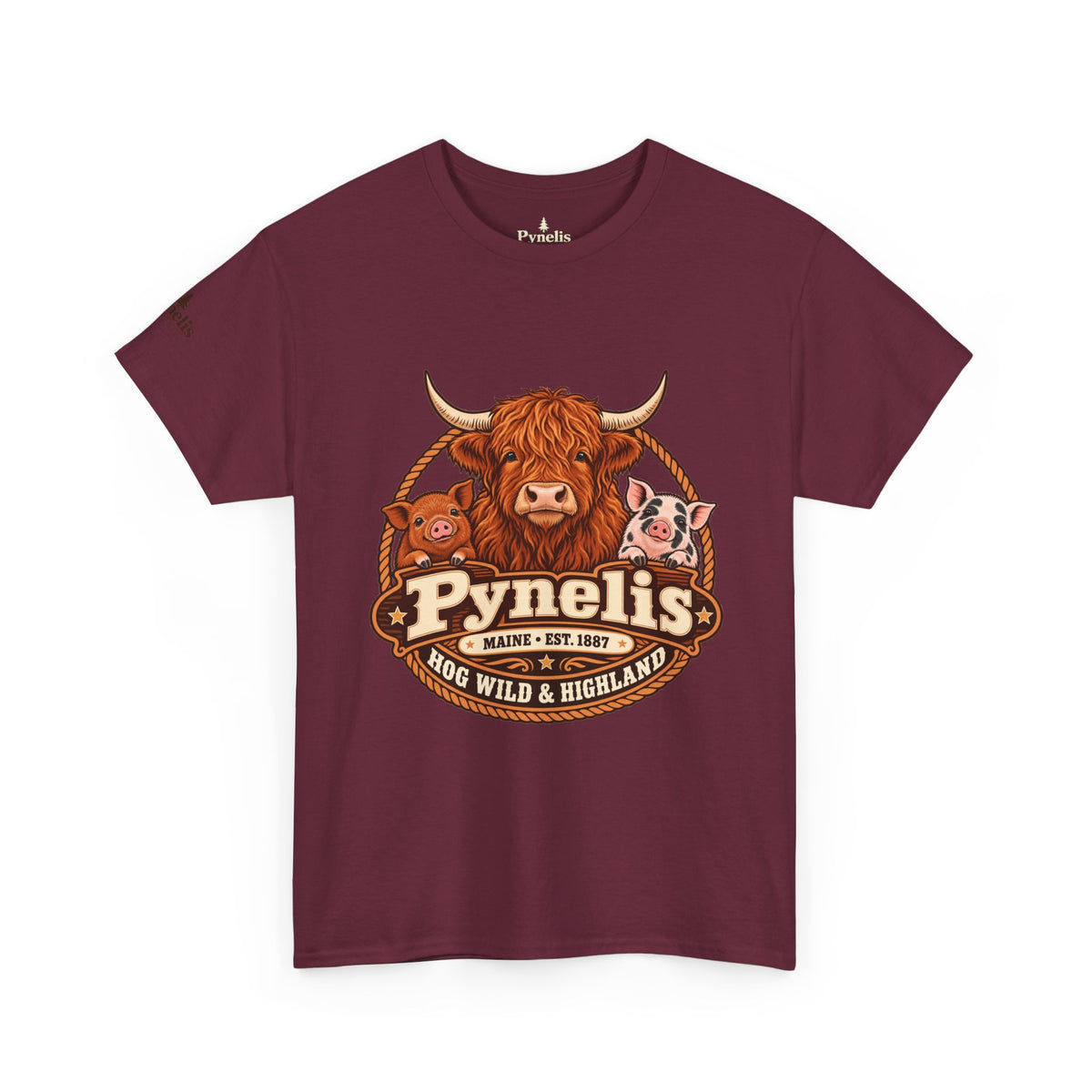 Highland Cow & Pig Farm Tee — Pynelis "Moo & Oink" Vintage Farm Logo T-Shirt