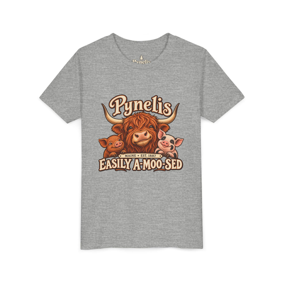 Youth Tee - "Pynelis Easily A-Moo-Sed" Funny Cow & Pig Farm Animal Shirt