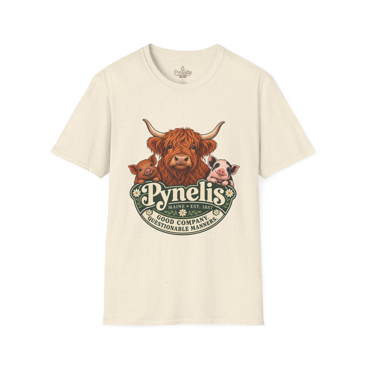 Farm Animal Graphic T-Shirt — "Pynelis" Highland Cow, Pig & Piglet Retro Design