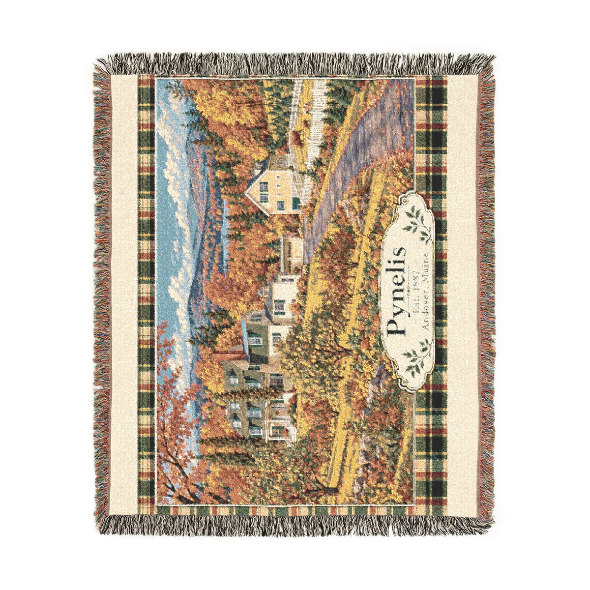 Plaid Woven Blanket — Autumn Village Tapestry Throw (Cozy Pynelis Landscape)