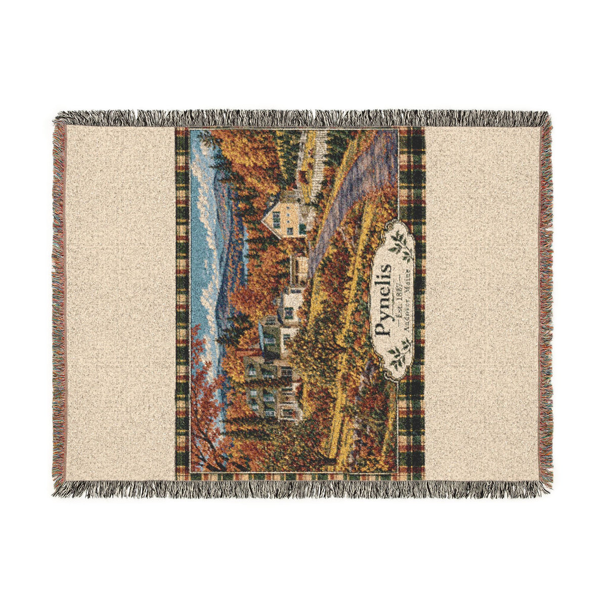 Plaid Woven Blanket — Autumn Village Tapestry Throw (Cozy Pynelis Landscape)