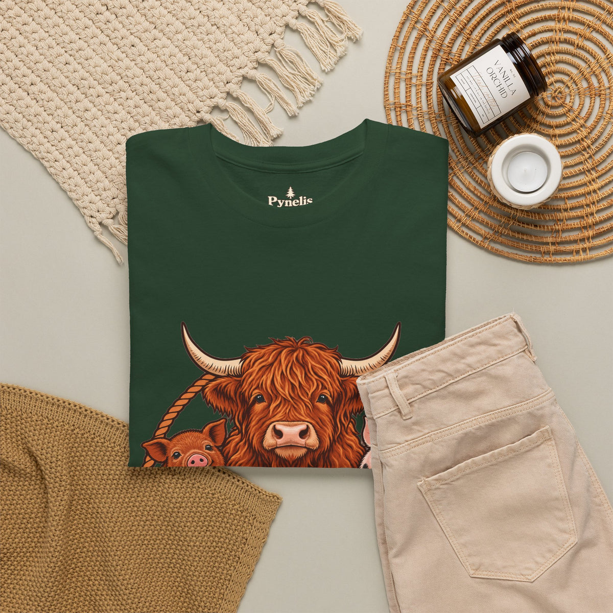Highland Cow & Pig Farm Tee — Pynelis "Moo & Oink" Vintage Farm Logo T-Shirt