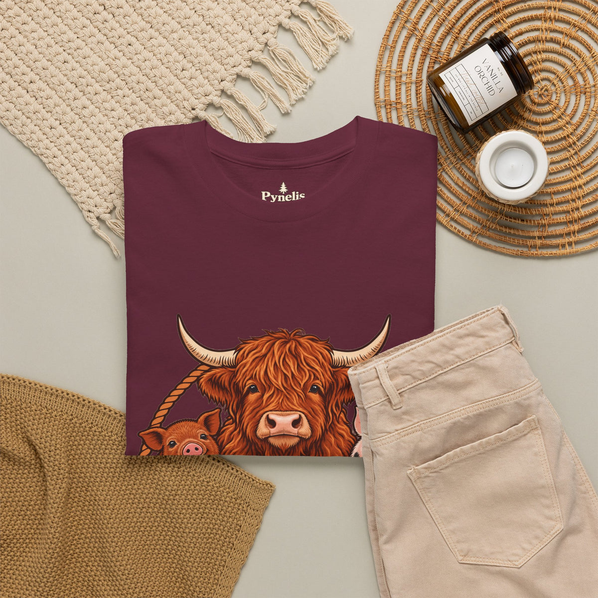 Highland Cow & Pig Farm Tee — Pynelis "Moo & Oink" Vintage Farm Logo T-Shirt