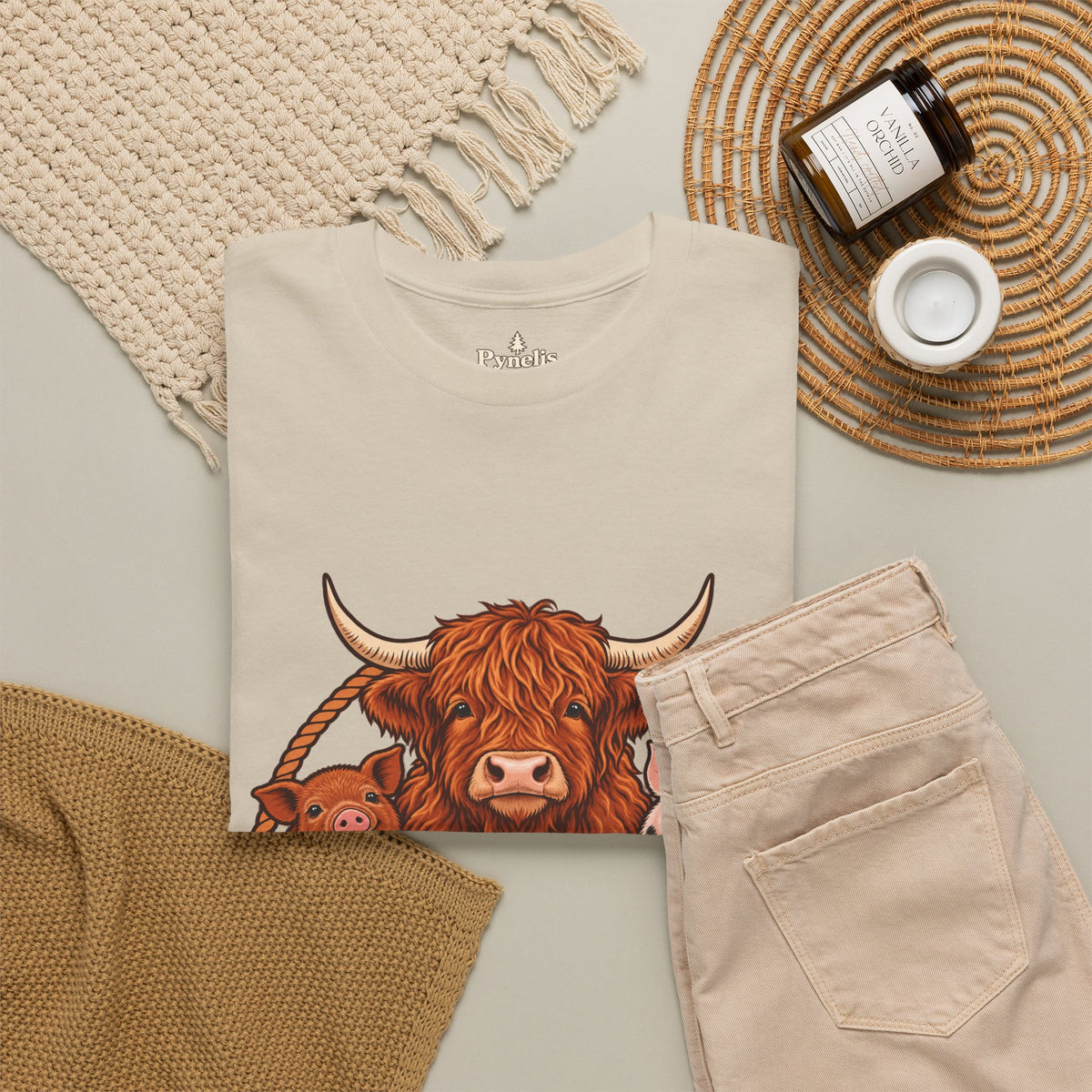 Highland Cow & Pig Farm Tee — Pynelis "Moo & Oink" Vintage Farm Logo T-Shirt
