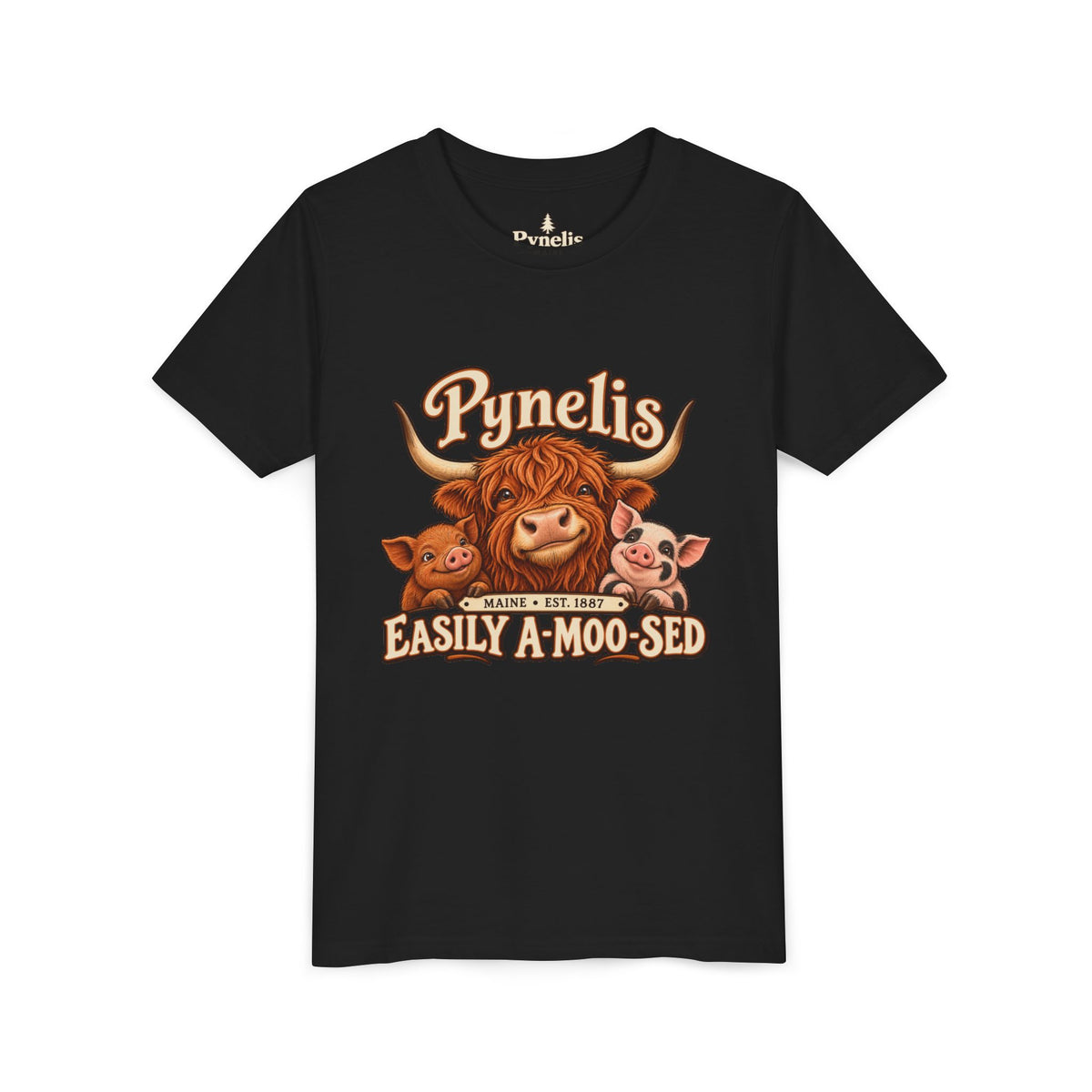 Youth Tee - "Pynelis Easily A-Moo-Sed" Funny Cow & Pig Farm Animal Shirt