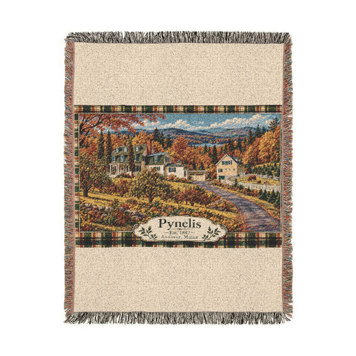 Plaid Woven Blanket — Autumn Village Tapestry Throw (Cozy Pynelis Landscape)
