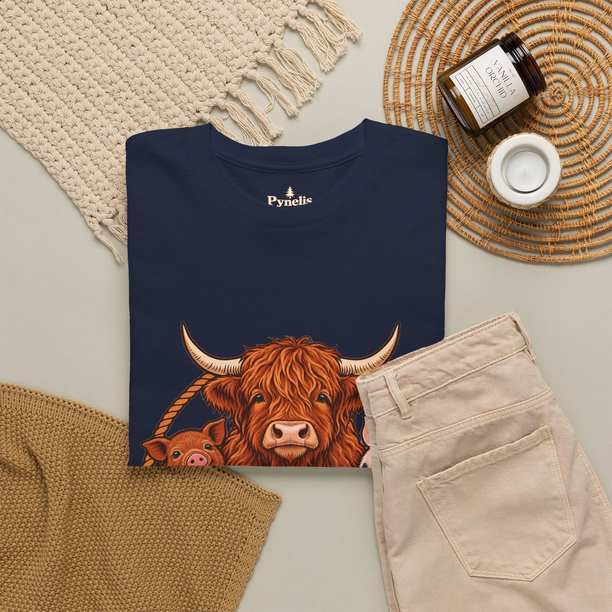 Highland Cow & Pig Farm Tee — Pynelis "Moo & Oink" Vintage Farm Logo T-Shirt