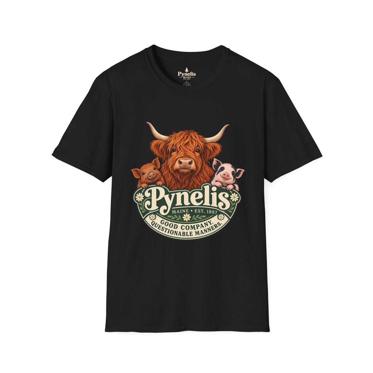 Farm Animal Graphic T-Shirt — "Pynelis" Highland Cow, Pig & Piglet Retro Design