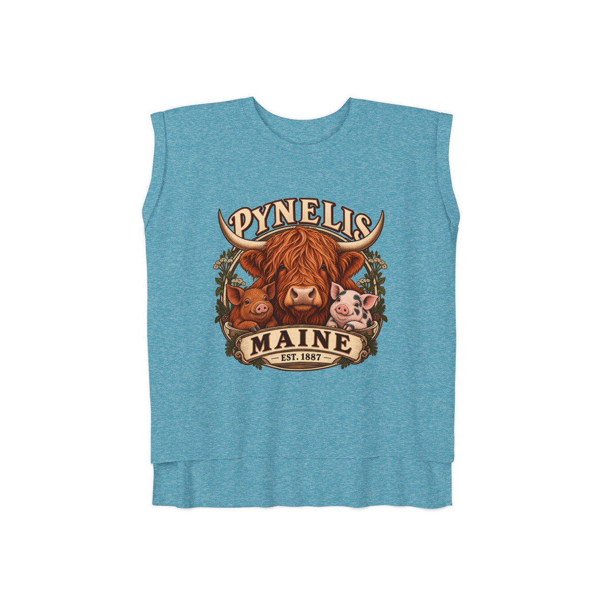Maine Farm Animal Muscle Tee — "Pynelis" Highland Cow & Pig Graphic