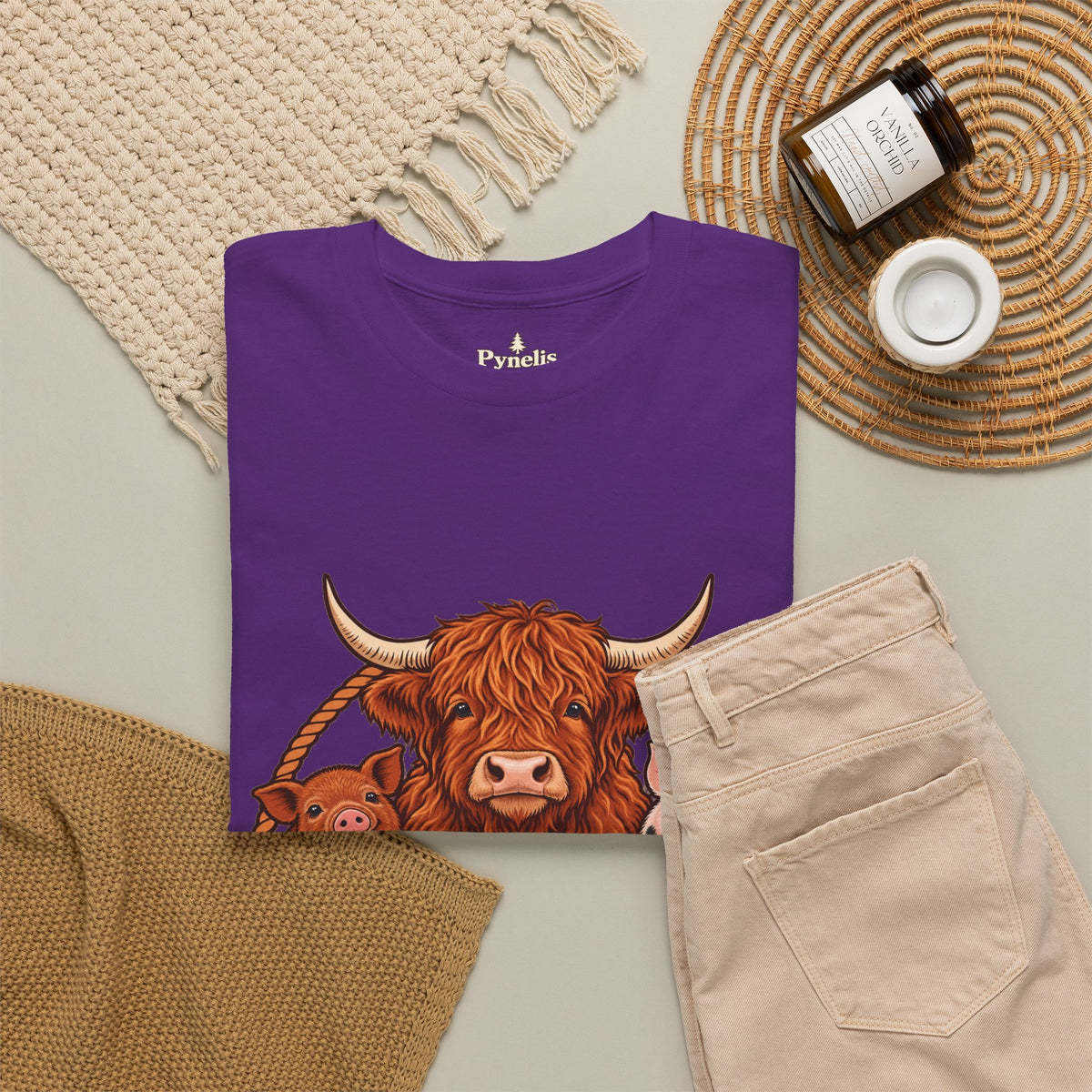 Highland Cow & Pig Farm Tee — Pynelis "Moo & Oink" Vintage Farm Logo T-Shirt