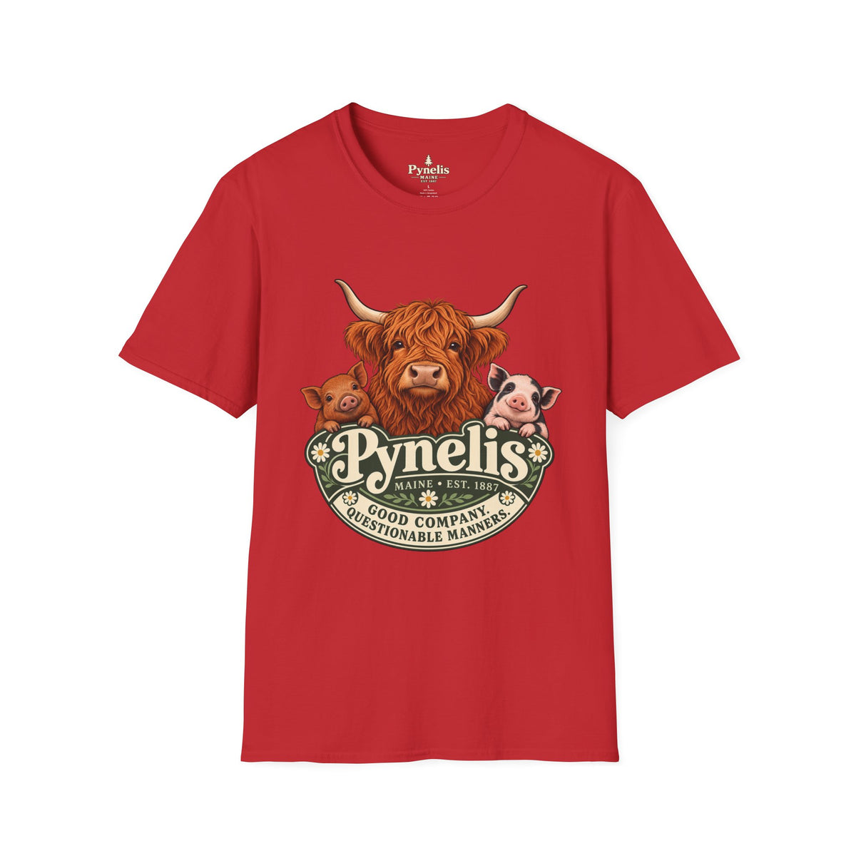 Farm Animal Graphic T-Shirt — "Pynelis" Highland Cow, Pig & Piglet Retro Design