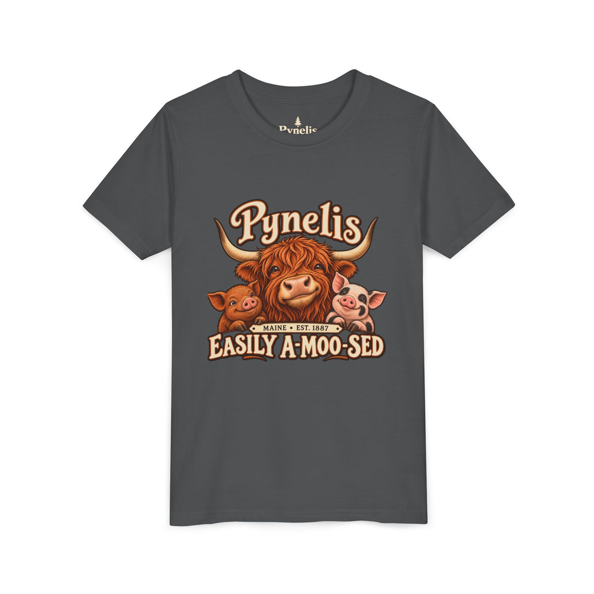Youth Tee - "Pynelis Easily A-Moo-Sed" Funny Cow & Pig Farm Animal Shirt