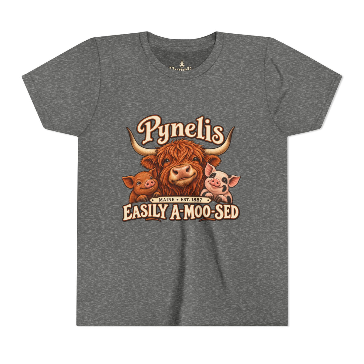 Youth Tee - "Pynelis Easily A-Moo-Sed" Funny Cow & Pig Farm Animal Shirt