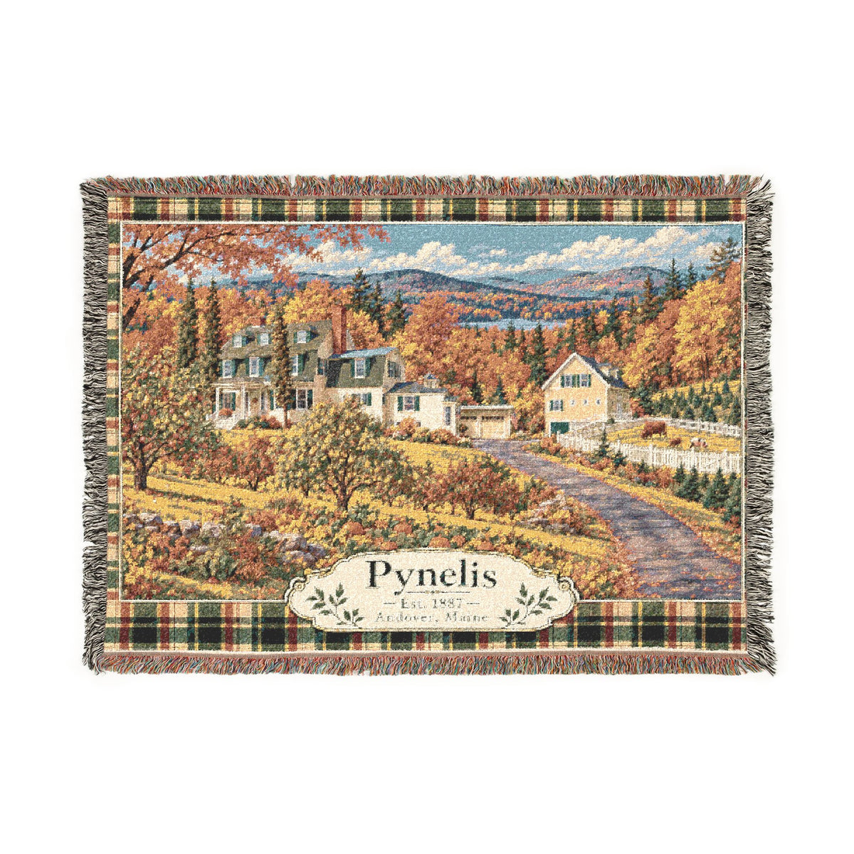 Plaid Woven Blanket — Autumn Village Tapestry Throw (Cozy Pynelis Landscape)