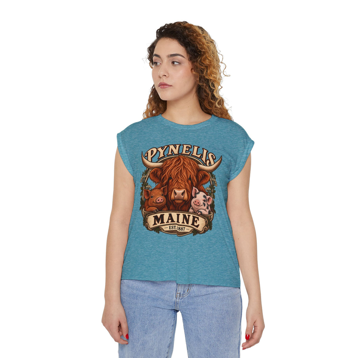 Maine Farm Animal Muscle Tee — "Pynelis" Highland Cow & Pig Graphic