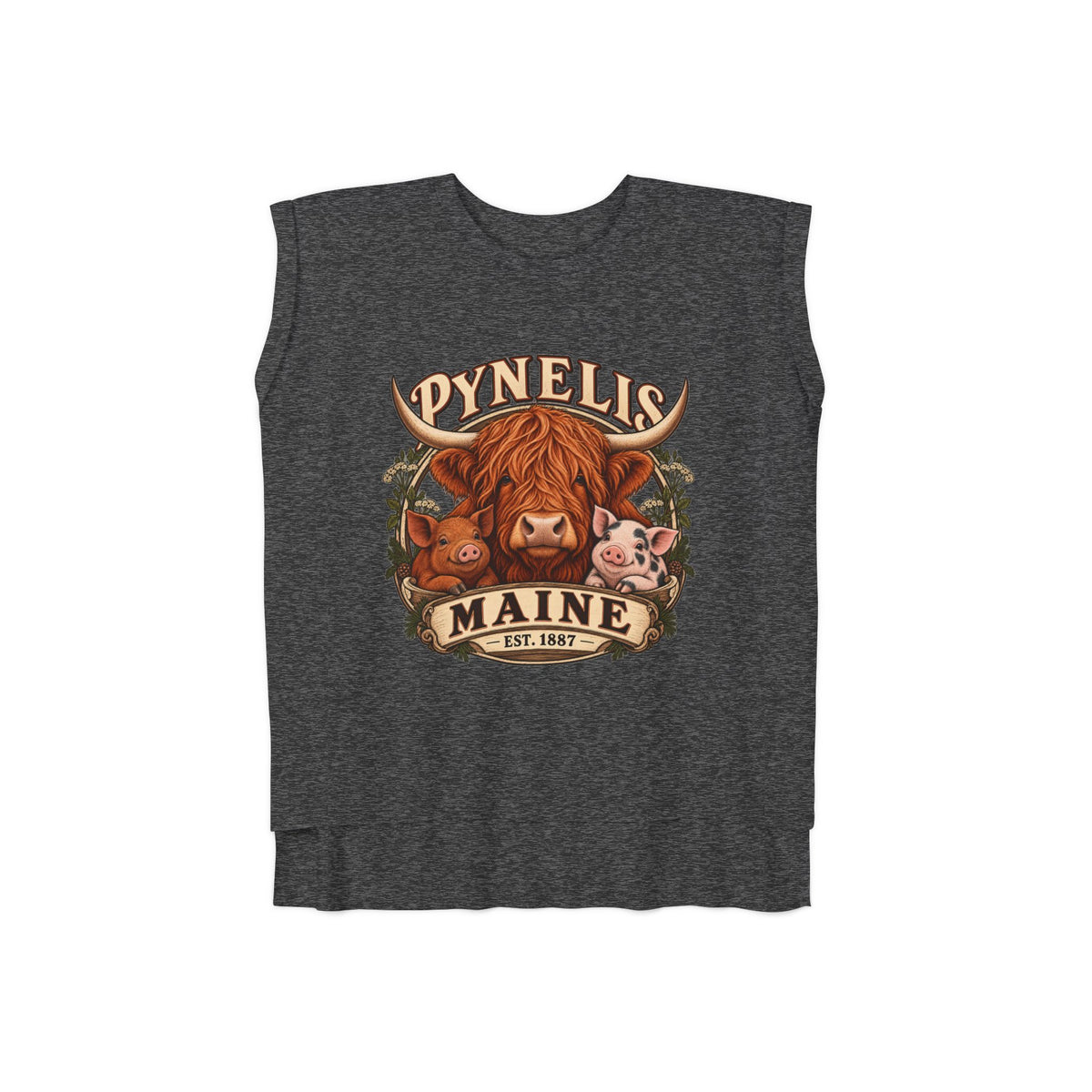 Maine Farm Animal Muscle Tee — "Pynelis" Highland Cow & Pig Graphic