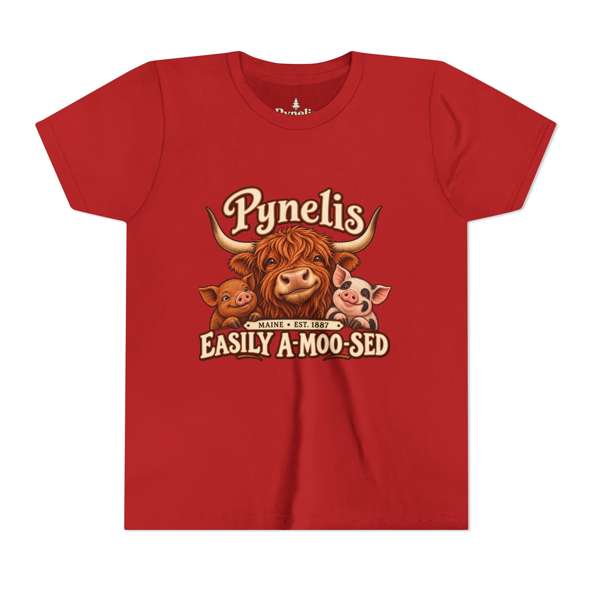 Youth Tee - "Pynelis Easily A-Moo-Sed" Funny Cow & Pig Farm Animal Shirt