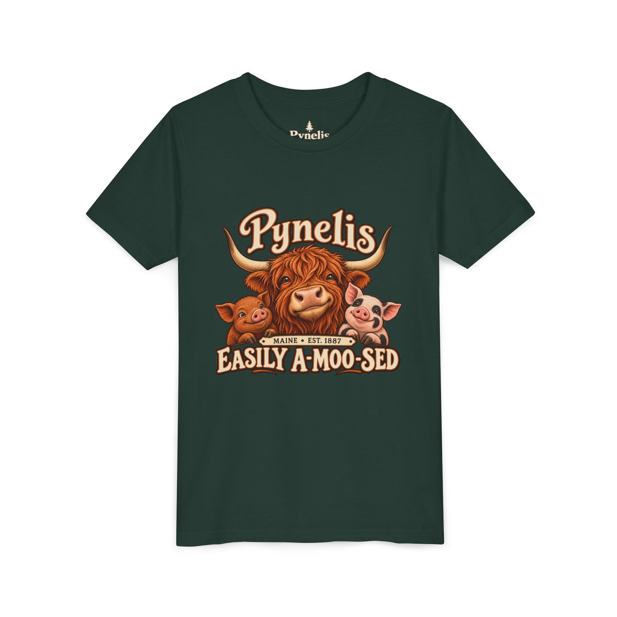 Youth Tee - "Pynelis Easily A-Moo-Sed" Funny Cow & Pig Farm Animal Shirt