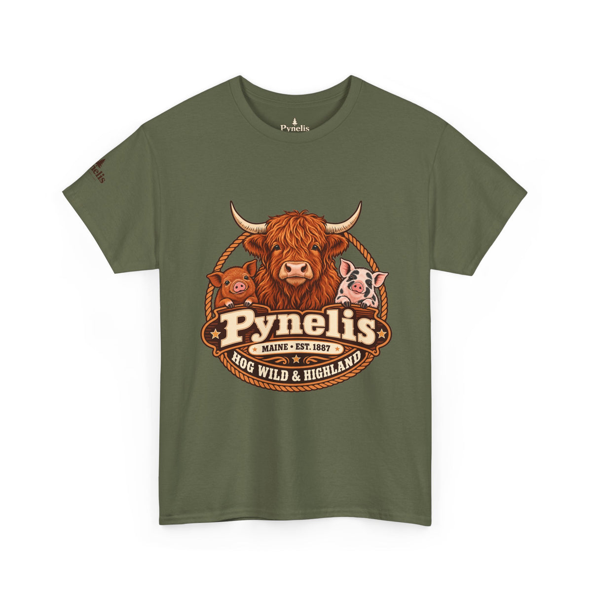 Highland Cow & Pig Farm Tee — Pynelis "Moo & Oink" Vintage Farm Logo T-Shirt
