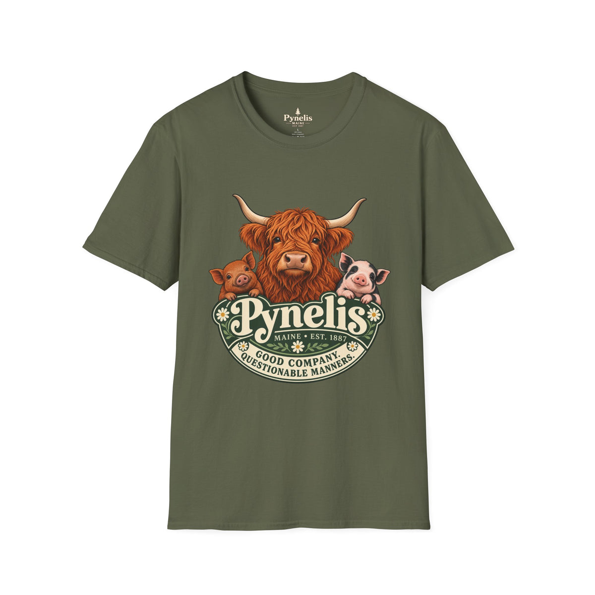 Farm Animal Graphic T-Shirt — "Pynelis" Highland Cow, Pig & Piglet Retro Design