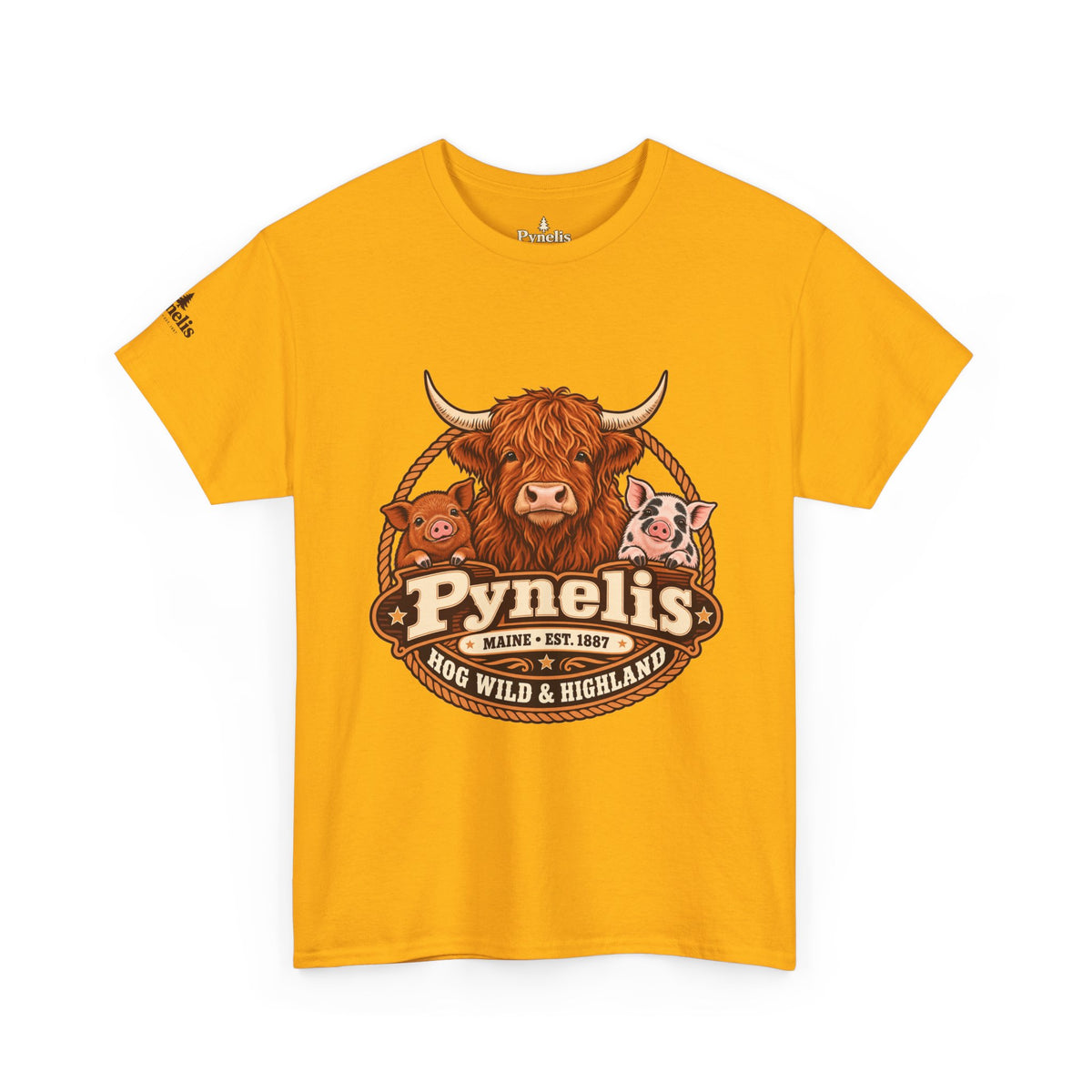 Highland Cow & Pig Farm Tee — Pynelis "Moo & Oink" Vintage Farm Logo T-Shirt
