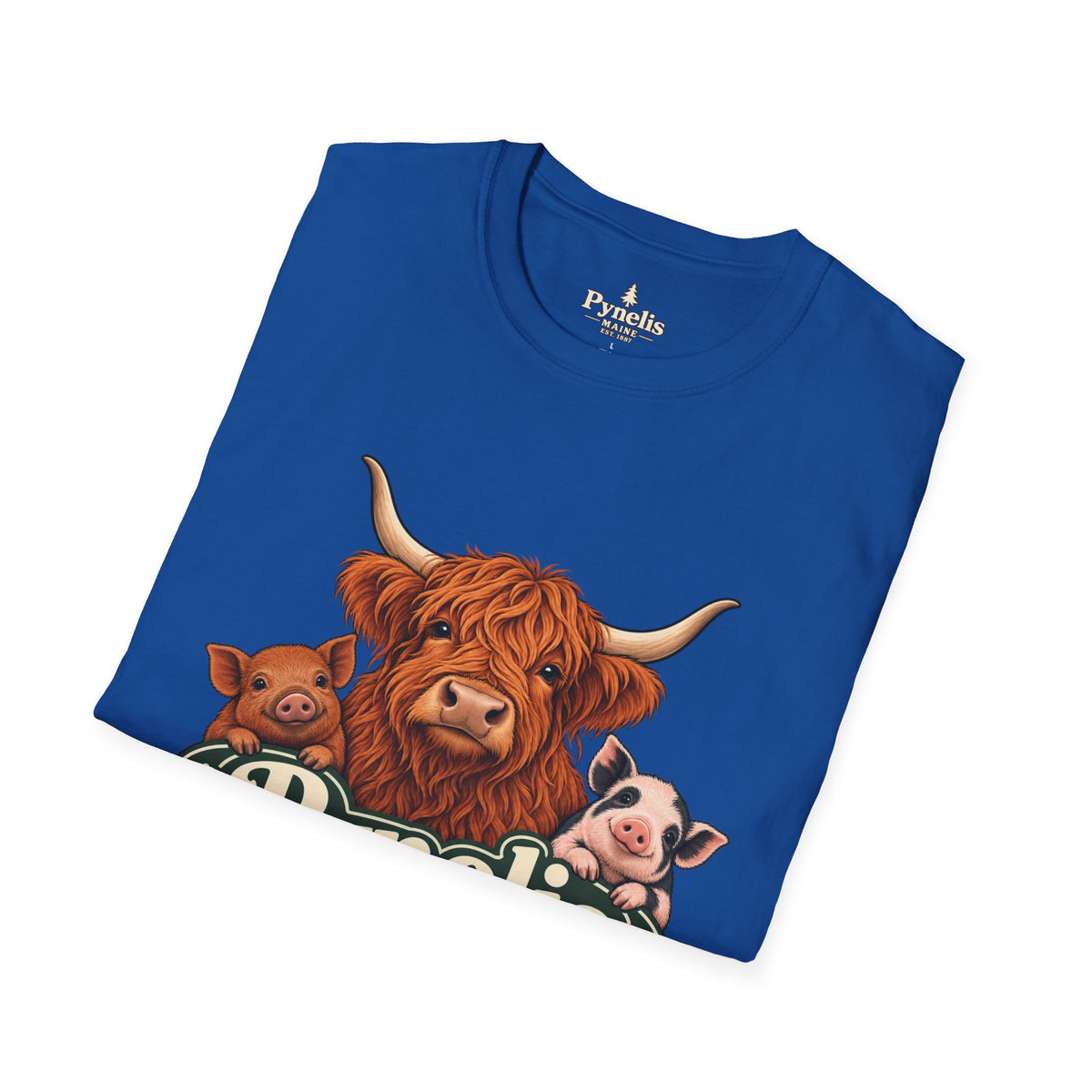 Farm Animal Graphic T-Shirt — "Pynelis" Highland Cow, Pig & Piglet Retro Design
