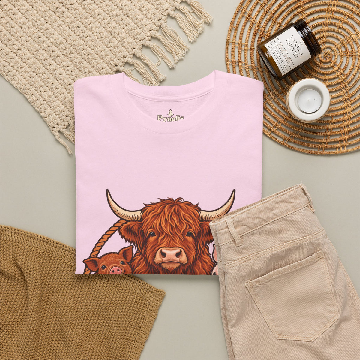 Highland Cow & Pig Farm Tee — Pynelis "Moo & Oink" Vintage Farm Logo T-Shirt